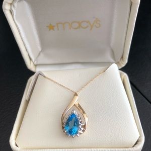 14K Gold Blue Topaz and Diamond Pear-drop Necklace